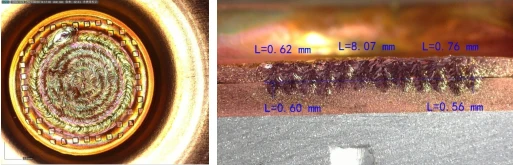Surface and cross-section of welded copper connectors Surface and cross-section of welded copper connectors